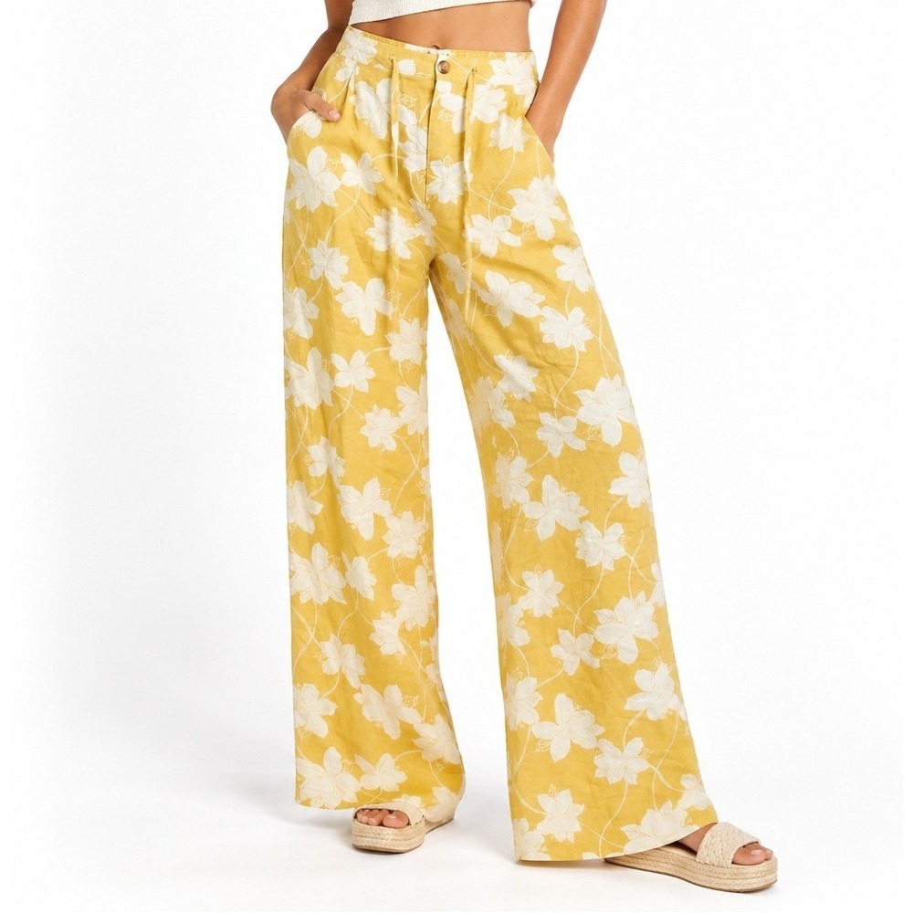 Roxy Mavericks Trouser Yellow White Floral Linen Blend Wide Leg Pants Large NWT